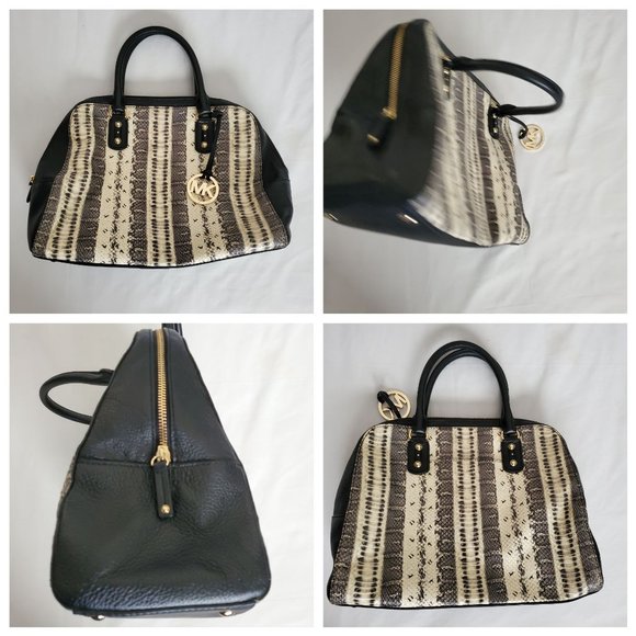 Michael Michael Kors SELMA Black/White Snake Print Leather Tote Bucket Handbag - Picture 7 of 14